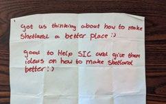 Handwritten notes from community members on ideas to improve Shetland.