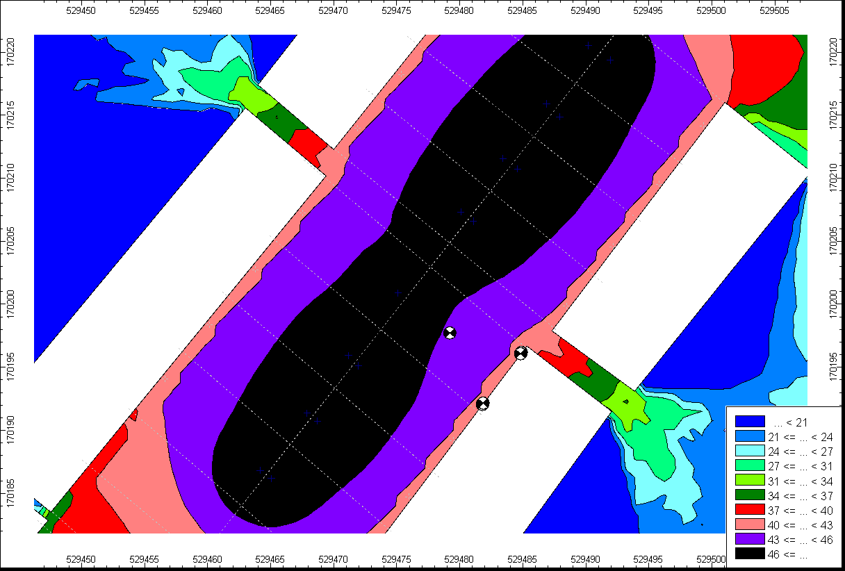 Contour map showing spatial distribution of values, with a legend indicating ranges from less than 21 to less than 46.