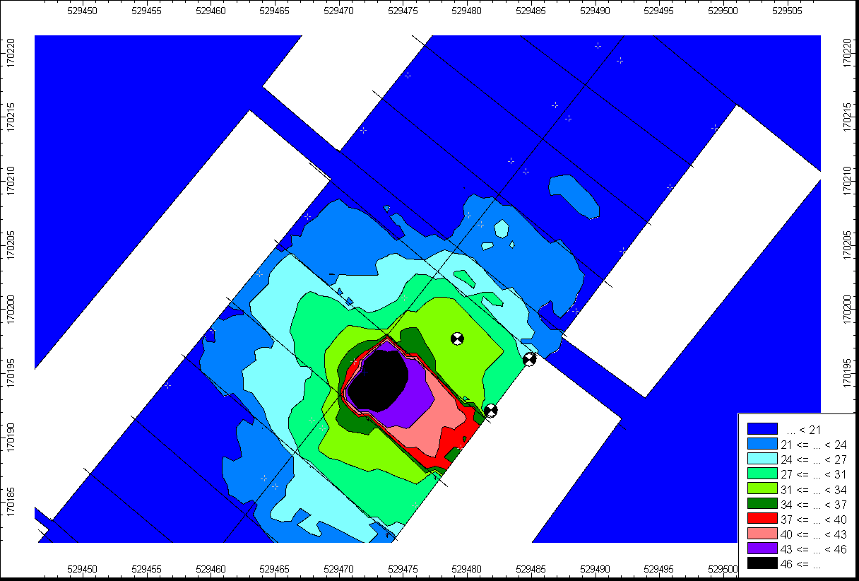 Contour map showing spatial distribution of values, with a legend indicating ranges from less than 21 to less than 46.