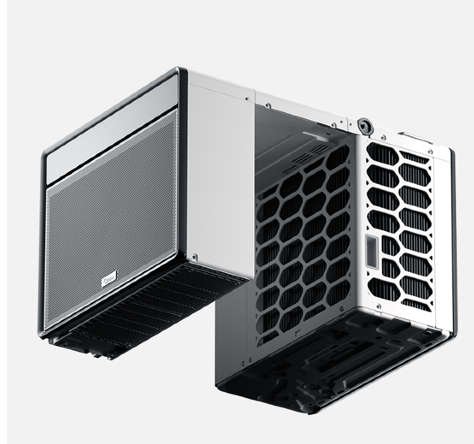 Exploded view of a modular indoor air conditioning unit, revealing internal components and honeycomb grilles.