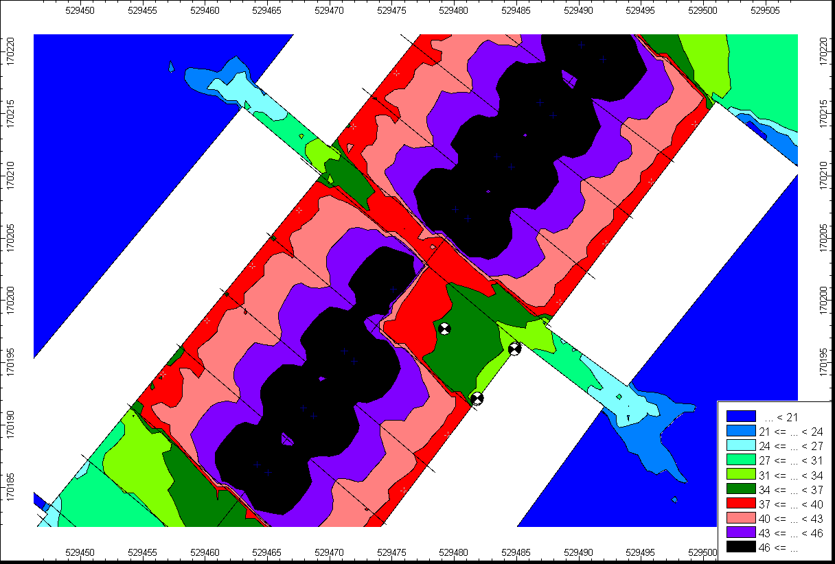 Contour map showing spatial distribution of values, with a legend indicating ranges from less than 21 to less than 46.