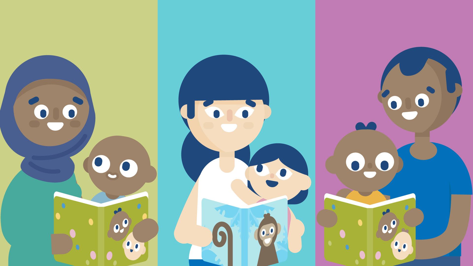 Three panels depicting diverse families with adults reading books to young children, illustrating family literacy and engagement.