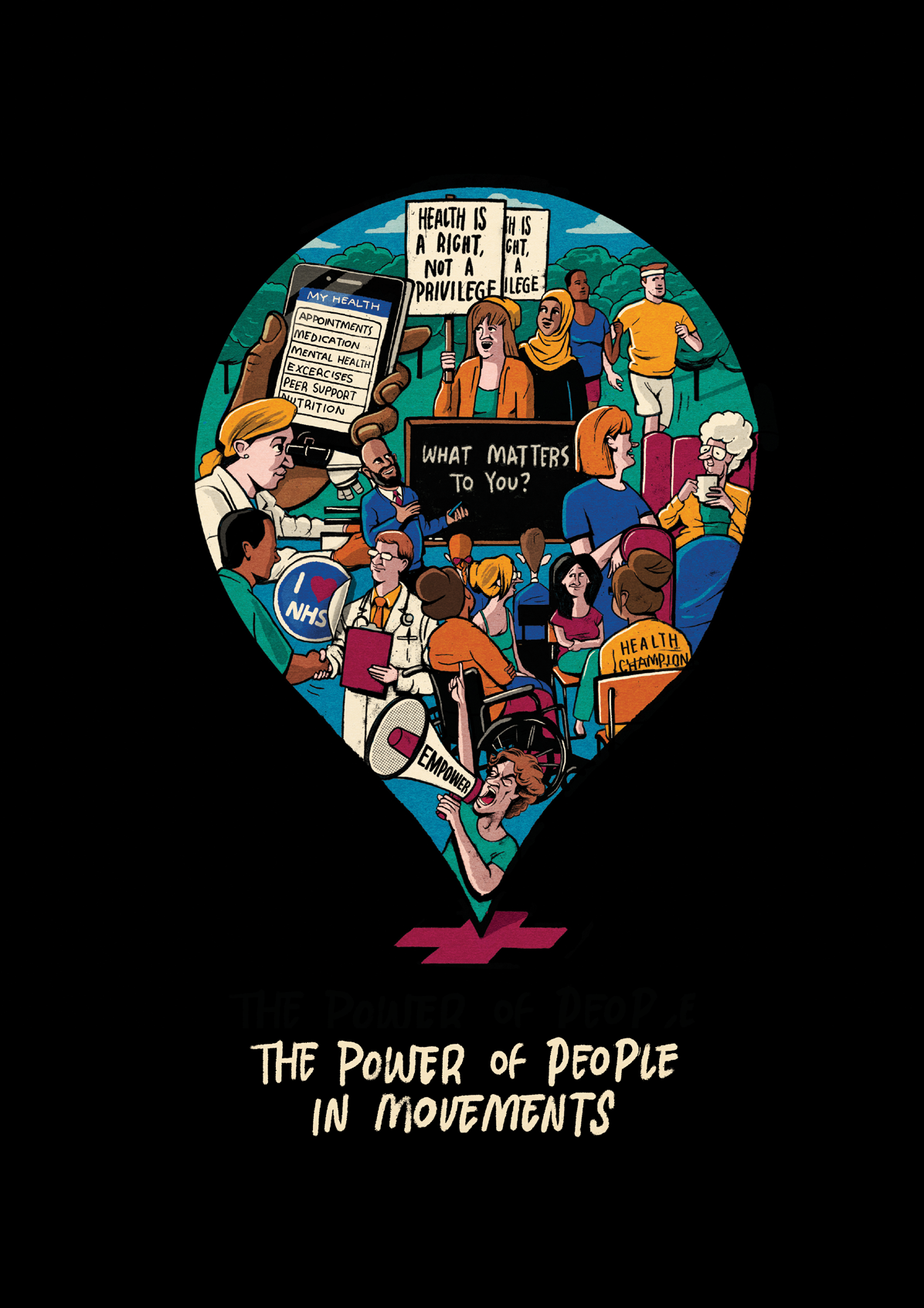 An illustration showing diverse people involved in community health, featuring a 'MY HEALTH' app, 'HEALTH IS A RIGHT' sign, 'WHAT MATTERS TO YOU?' discussion, and advocacy for empowerment and the NHS, highlighting public health movements.