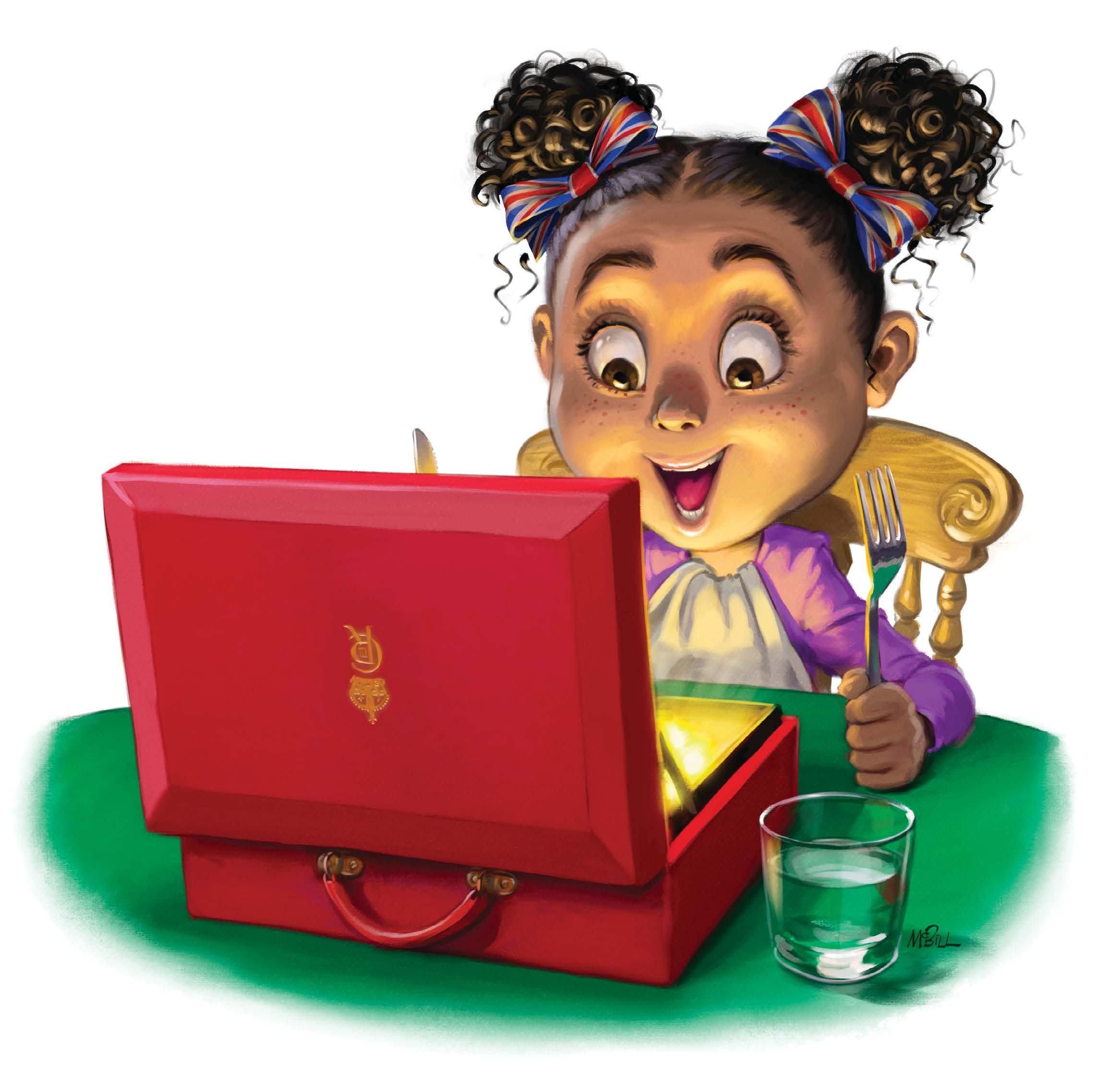 Illustration of a young girl with Union Jack bows, excitedly looking into a glowing red lunchbox.