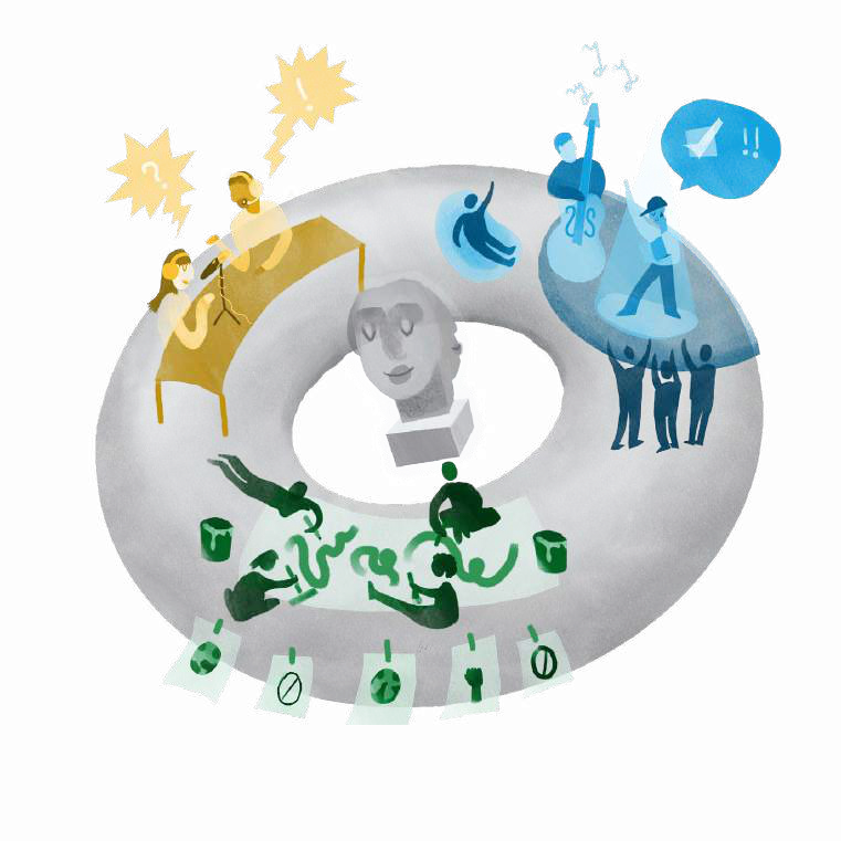 Conceptual diagram showing diverse activities around a torus, including discussion, music, art creation, and voting, representing community engagement.
