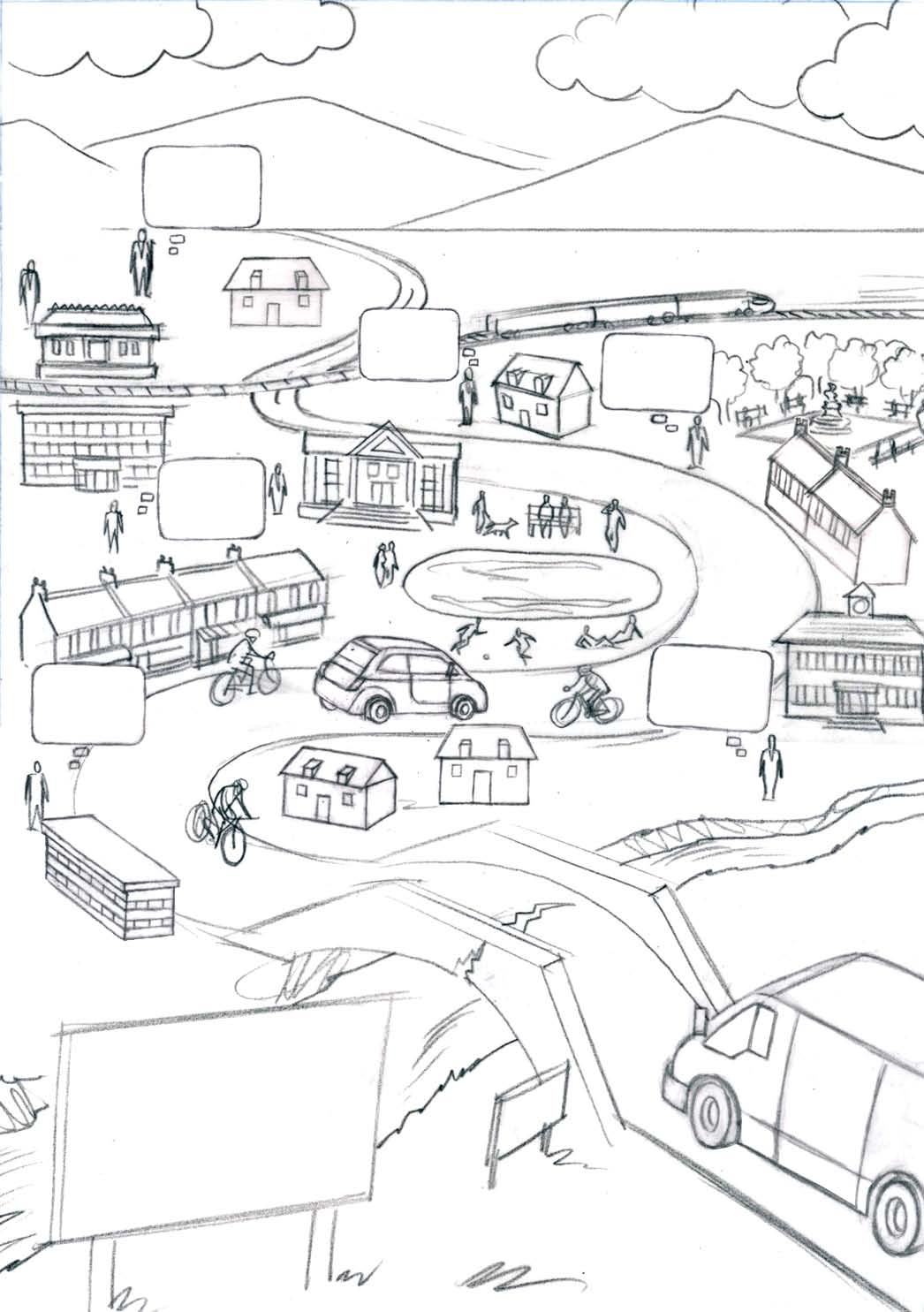 Hand-drawn conceptual map of a community featuring buildings, roads, vehicles, people, and a train, with multiple empty text bubbles and signboards for illustrating specific information or ideas.