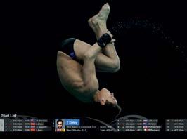 Screenshot from a diving competition showing Tom Daley mid-dive and the event's start list with participant names, flags, and scores.