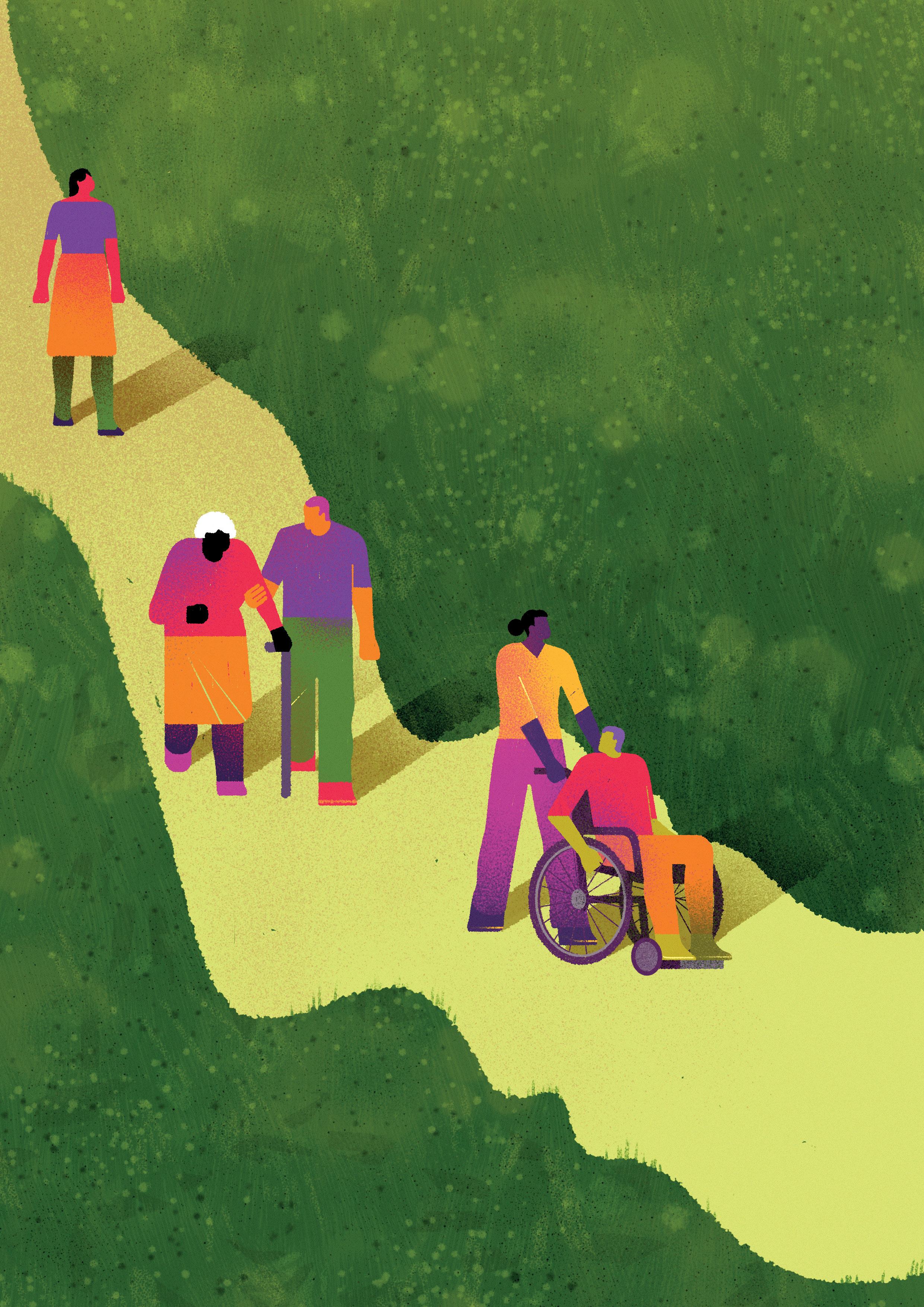 Stylized illustration of diverse people on a winding path: one walking alone, two offering support, and one pushing a wheelchair, symbolizing community and inclusion.