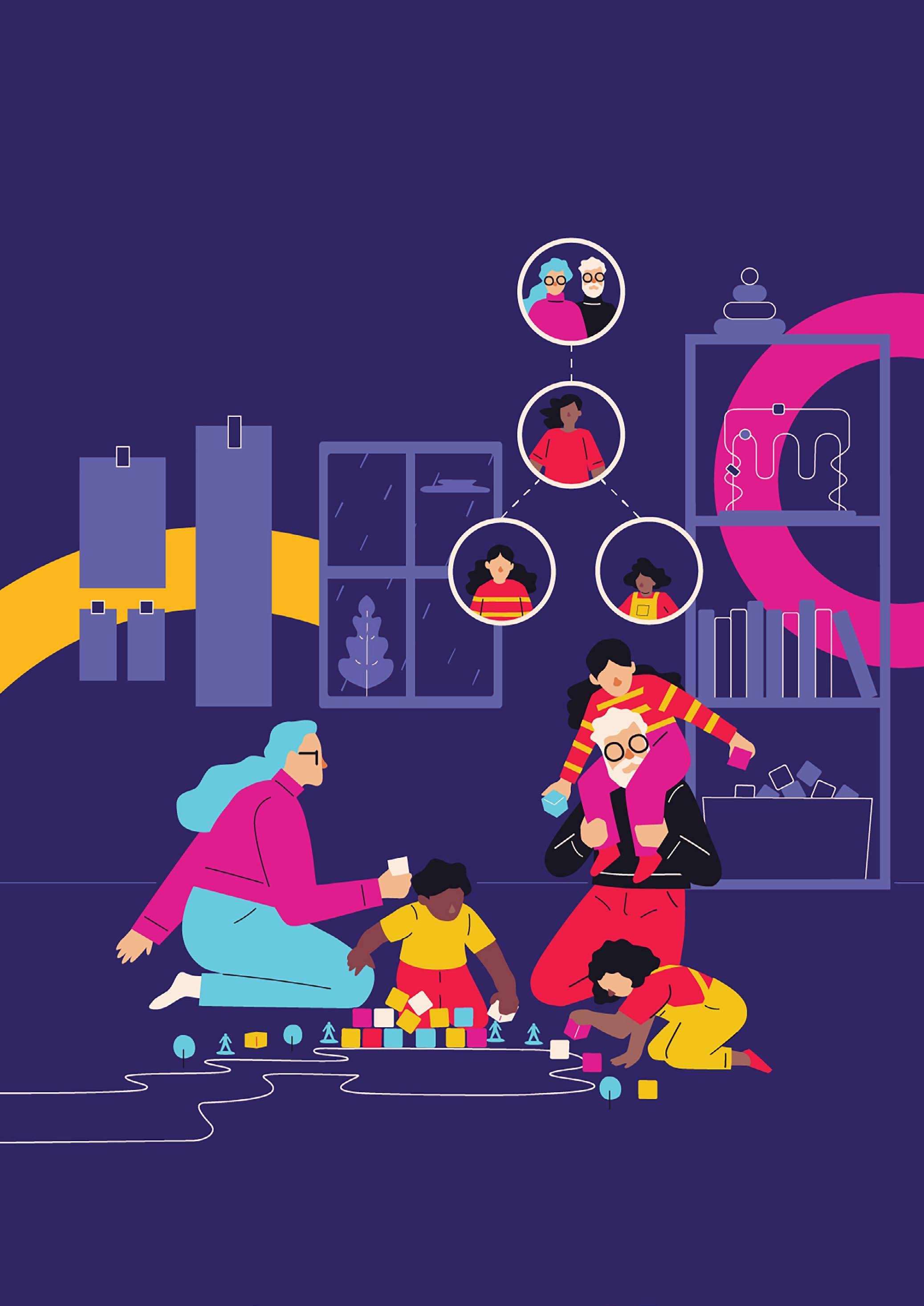 Illustrated family playing indoors with a conceptual family tree diagram in the background showing relationships.