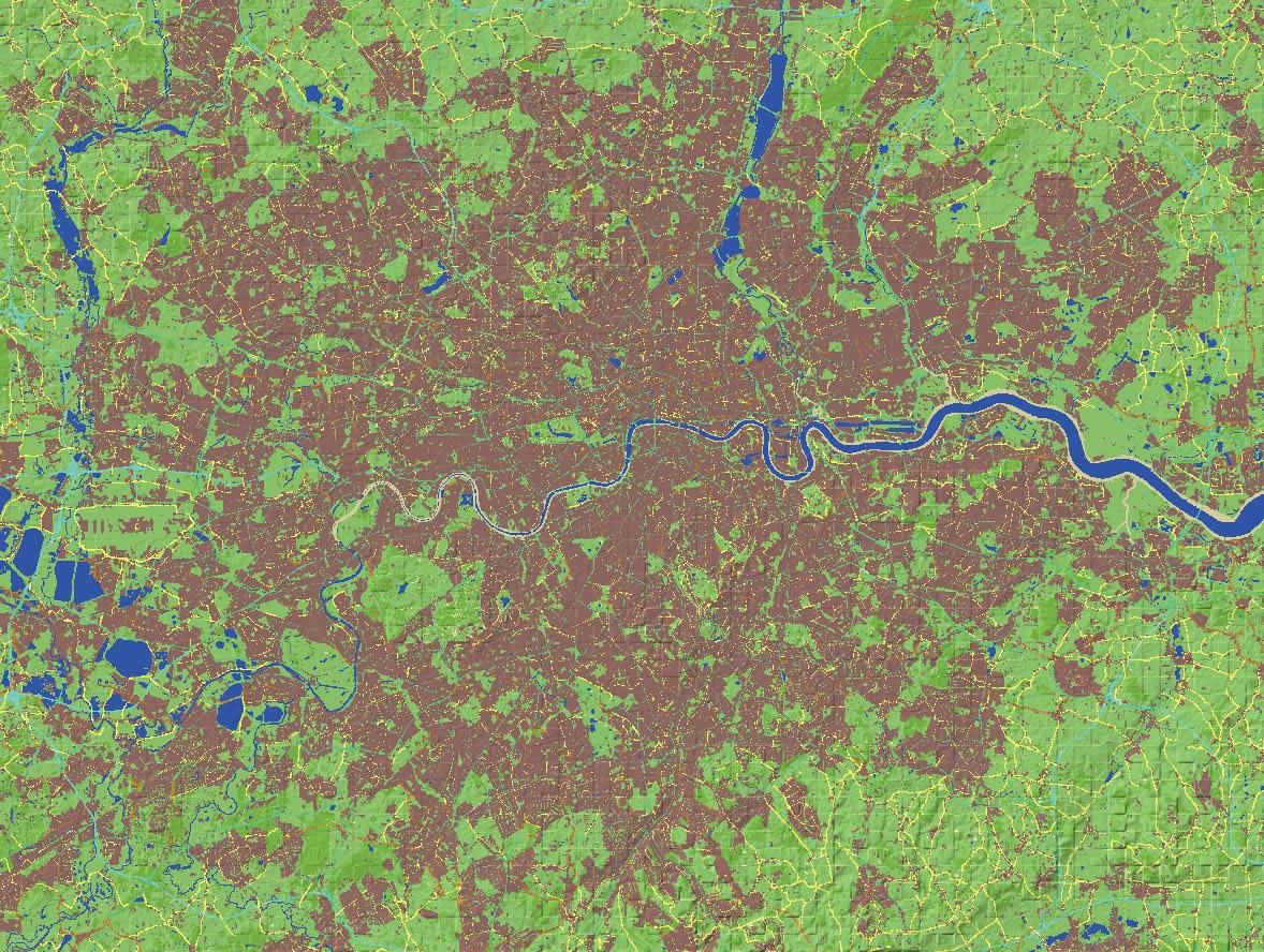 Map of a city, likely London, showing built-up areas in brown, green spaces in green, and a winding river in blue.