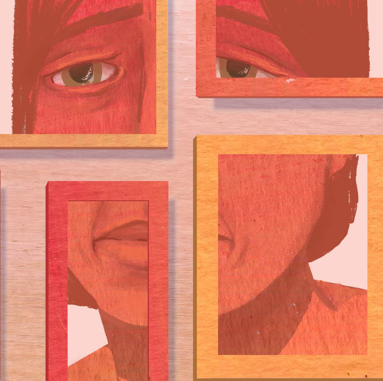 Artistic collage of fragmented face parts (eyes, mouth) in framed sections, using red and orange tones.