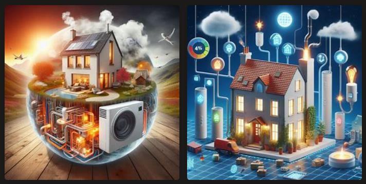 Two conceptual images of smart homes with integrated energy systems and connectivity, illustrating modern energy management.