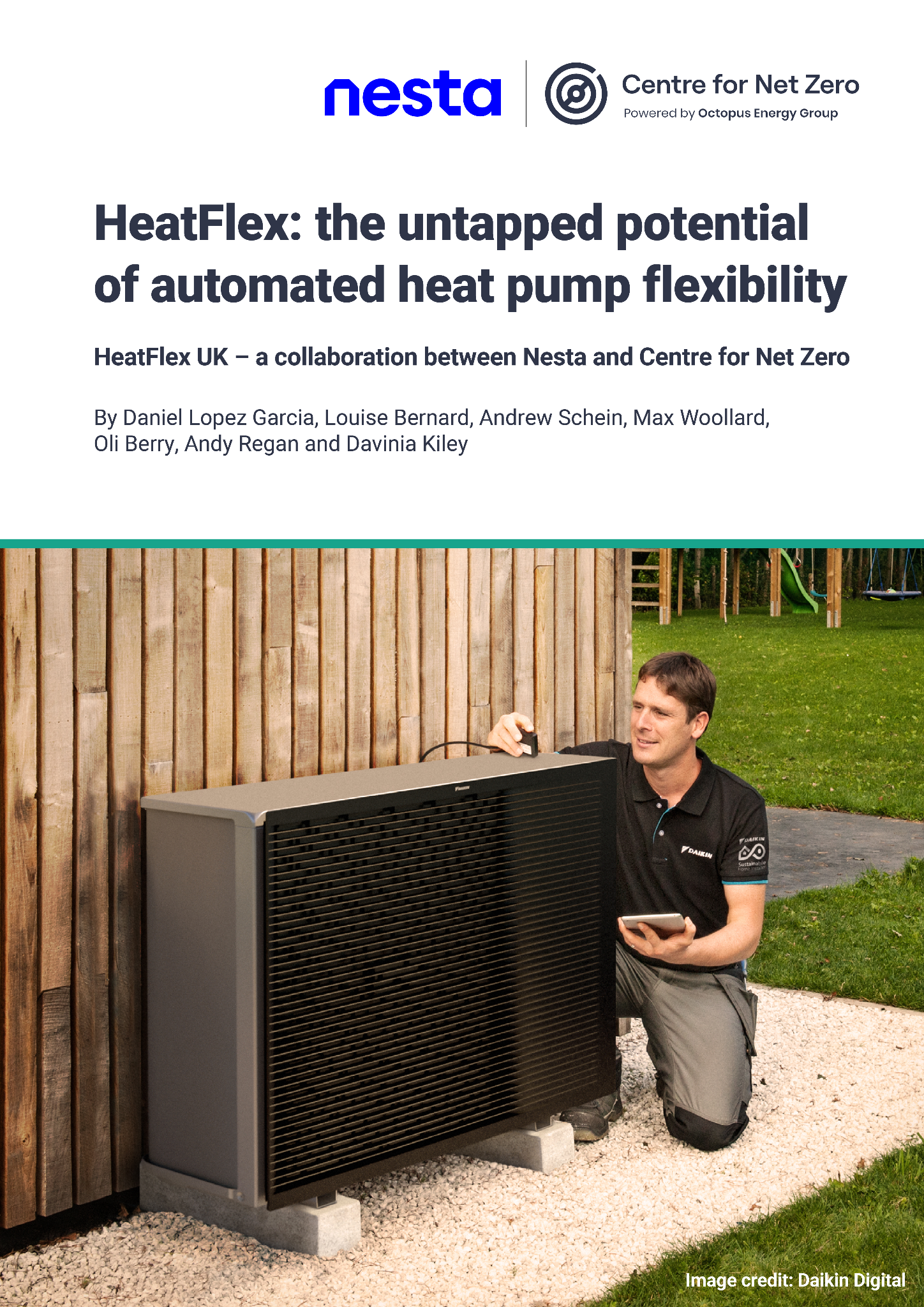 A technician kneels beside an outdoor Daikin heat pump unit in a garden setting, holding a tablet.