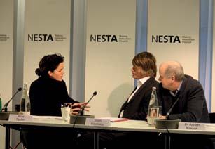 Three people, including Alice Taylor and Adrian Bowyer, at a panel discussion with Nesta branding.