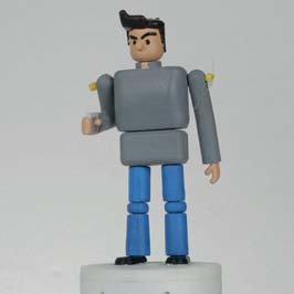 A stylized 3D model figure of a person with a grey torso, blue pants, and black hair, standing with an angry expression.