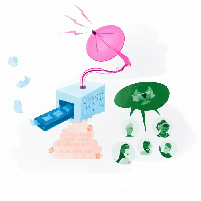 Diagram illustrating a communication process from satellite signal to data processing, binary information, and user feedback through speech bubbles and profile icons.