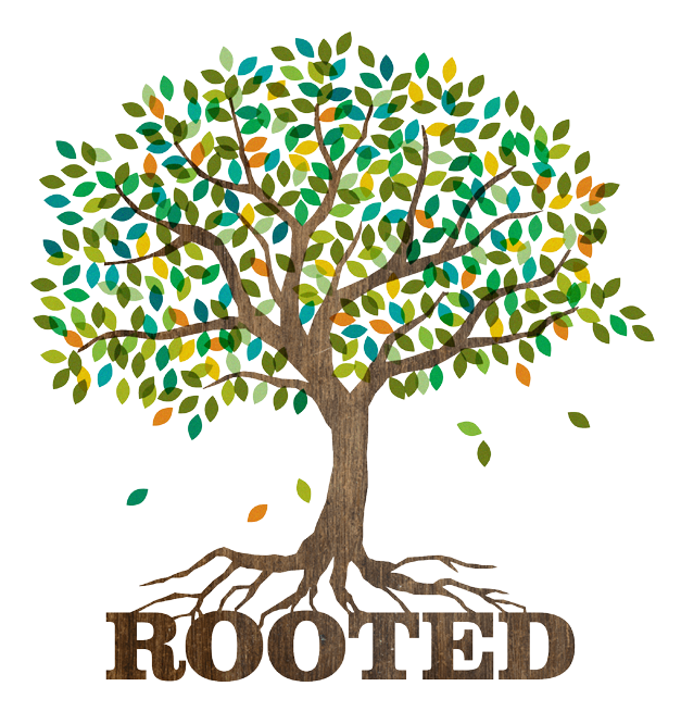 Stylized tree with colorful leaves and roots forming the word "ROOTED," representing a conceptual model or theme.