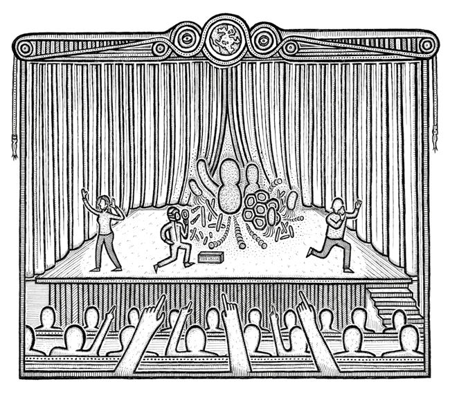 Black and white illustration of a stage performance where three people react to an abstract organic shape, possibly representing a microorganism, while an audience raises hands.