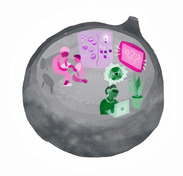 Interior scene within a pod-like structure showing an adult with a child, a person working on a laptop, and activity boards, representing different engagement styles.