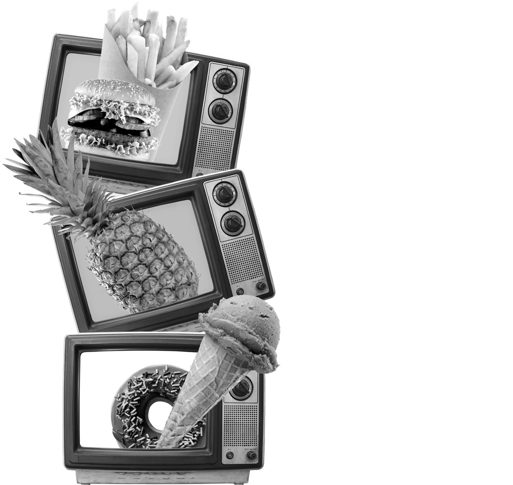 Three stacked vintage televisions display fast food, fruit, and dessert, suggesting media's influence on food choices or a diverse diet.