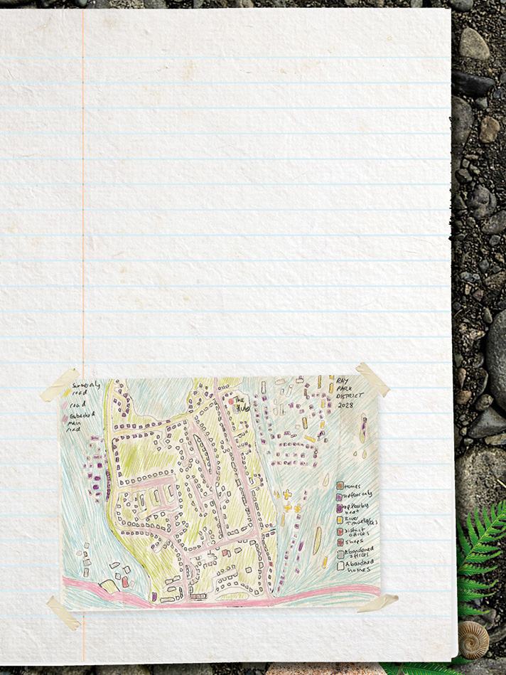 Hand-drawn colored map of a local area including residential zones, commercial buildings, parks, water, and trees with a legend.