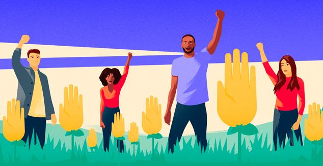 An illustration of diverse people raising their fists in solidarity, standing in a field with large symbolic hand icons.