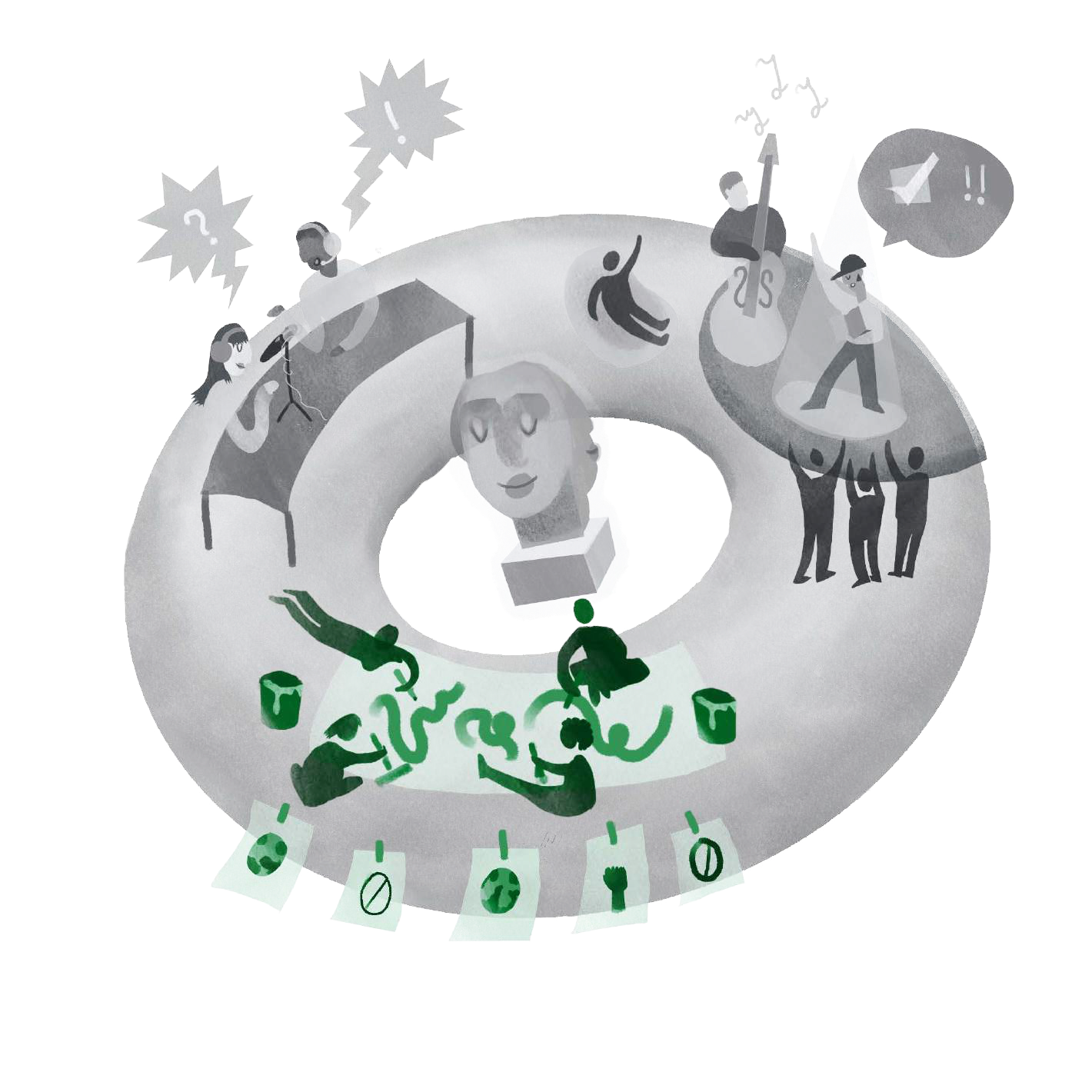 Illustration of a circular space for creative collaboration with people engaged in art, music, performance, and discussions, centered around a bust.
