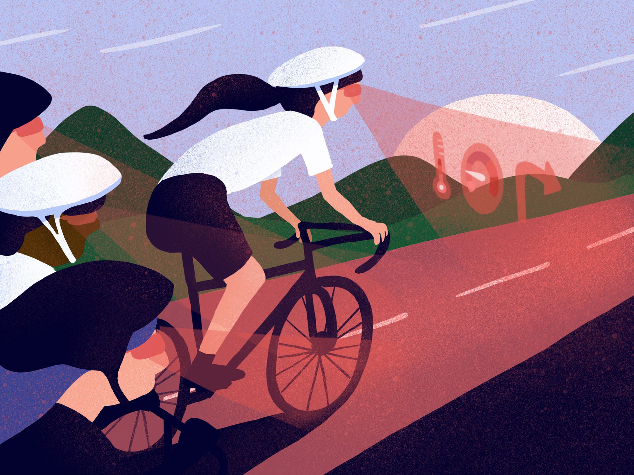 An illustration of cyclists on a road, with a thermometer and a "100" indicator in the background, suggesting environmental data or performance tracking.