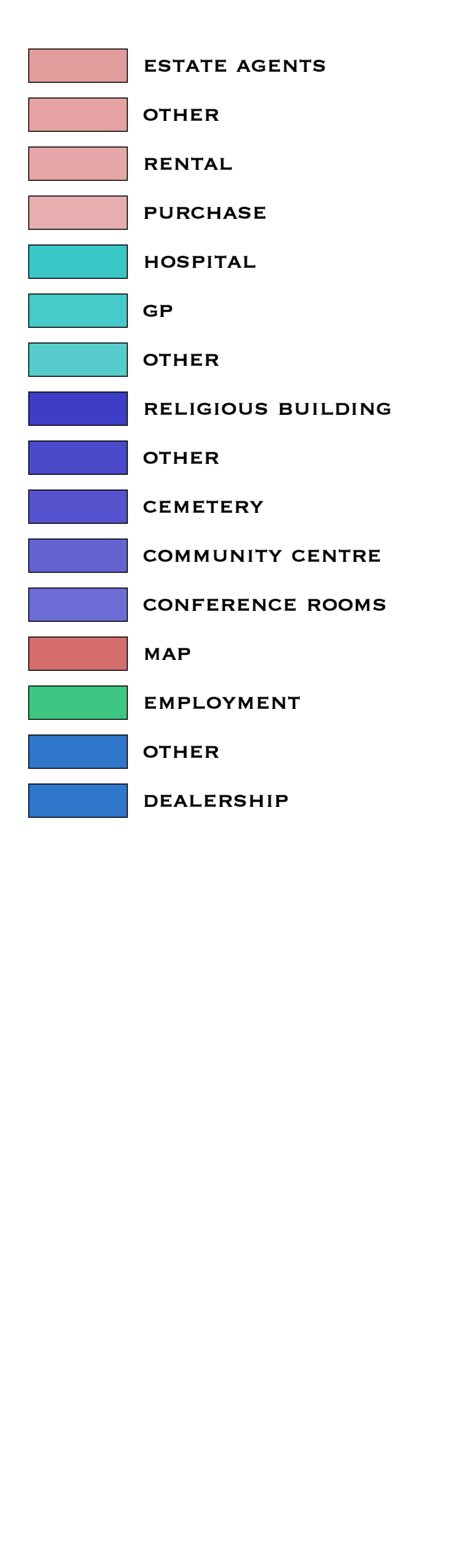 Legend displaying colored swatches with text labels, including "ESTATE AGENTS", "HOSPITAL", "RELIGIOUS BUILDING", and "DEALERSHIP".