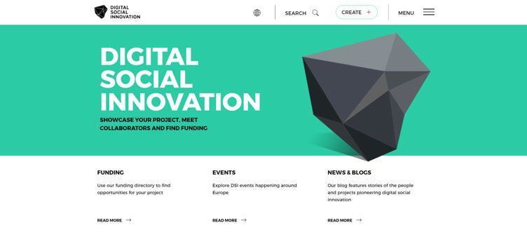 Screenshot of the 'Digital Social Innovation' website homepage, showing navigation, a hero section, and content categories.