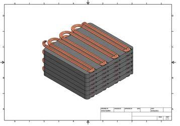 3D technical drawing of a stacked module with copper serpentine pipes on top, likely a heat exchanger or energy storage component.