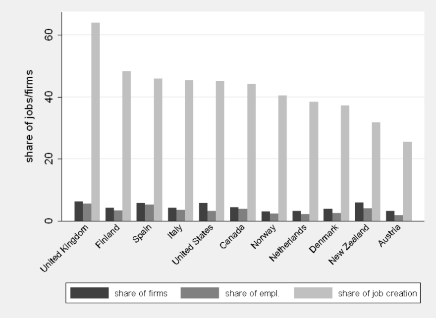 Grouped bar chart comparing the share of firms, employment, and job creation across eleven countries.