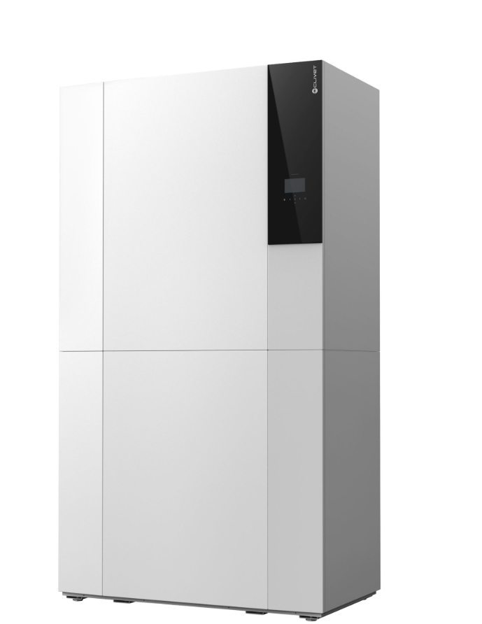 A large, white, rectangular Clivet indoor unit with a black control panel on the upper right side.