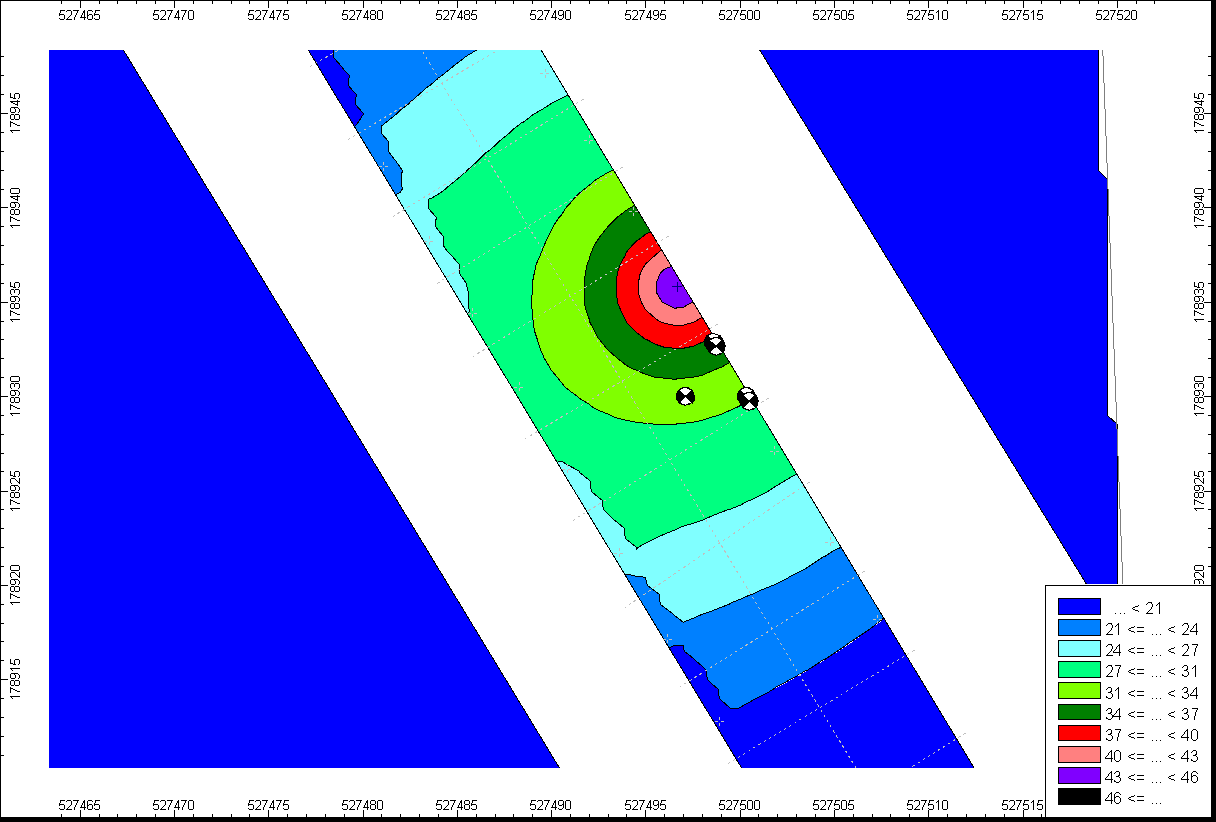 Contour map showing spatial distribution of values with a color-coded legend indicating numerical ranges across coordinates.