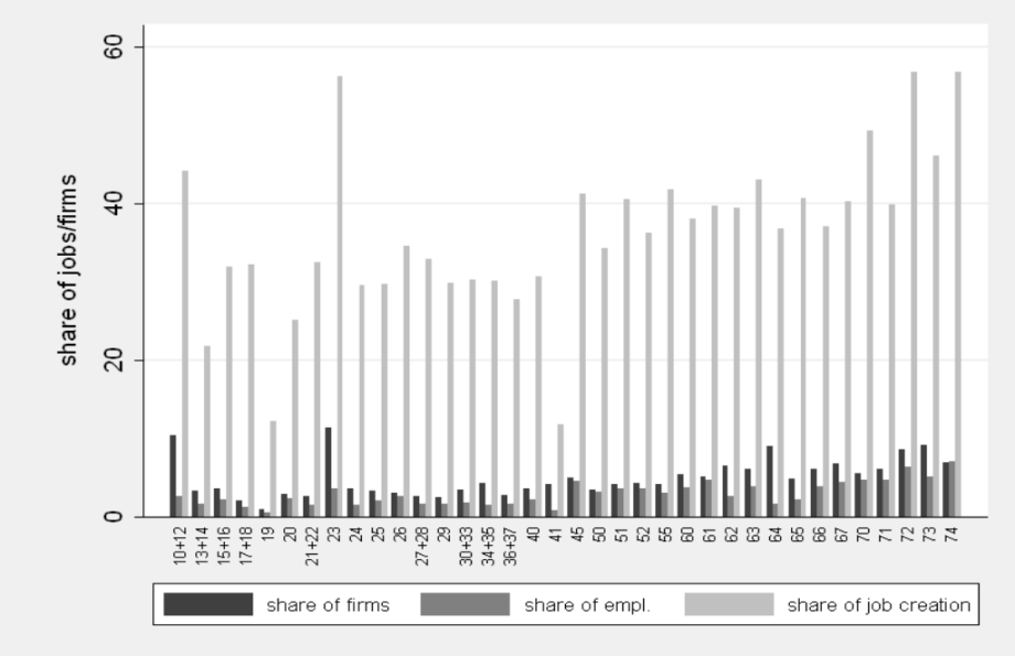 Grouped bar chart comparing the share of firms, employment, and job creation across numerous categorical groups.