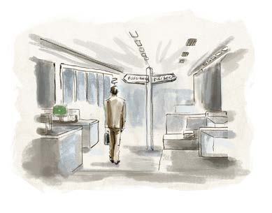 Illustration of a person in an office approaching a signpost with multiple directional options, symbolizing career or strategic choices.