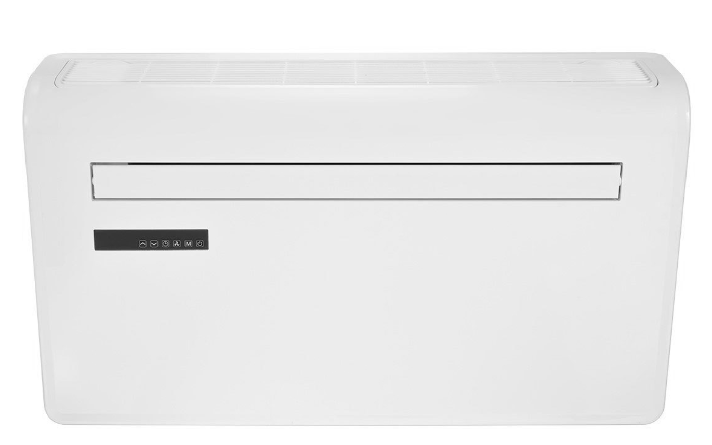 A white, wall-mounted Daikin indoor air conditioning unit with a horizontal vent and a small black control panel.