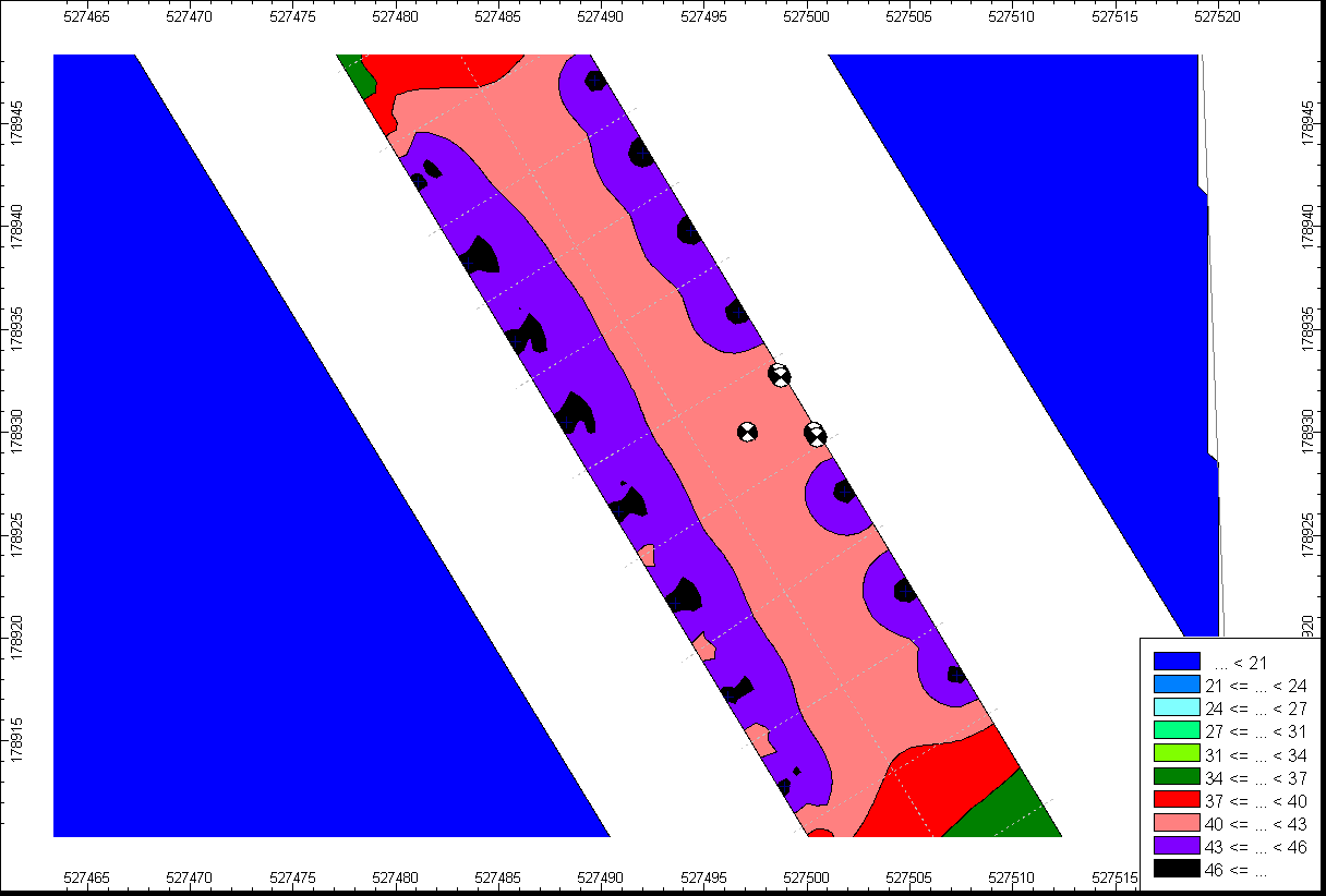 Contour map displaying a different spatial distribution of values, shown with varied color patches and a numerical range legend.