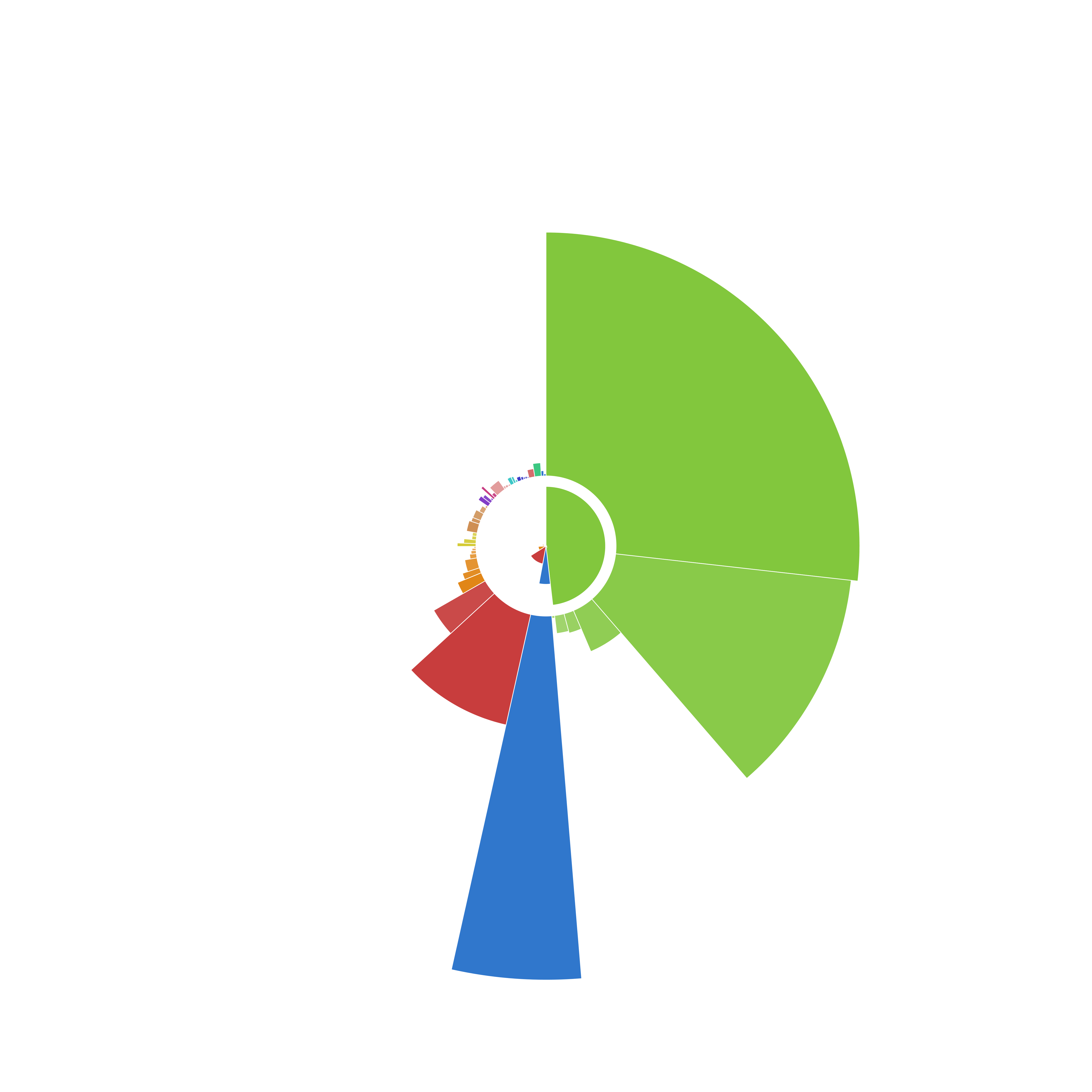 Radial chart displaying proportional data, with a large green segment and smaller red, blue, and various other colored segments.