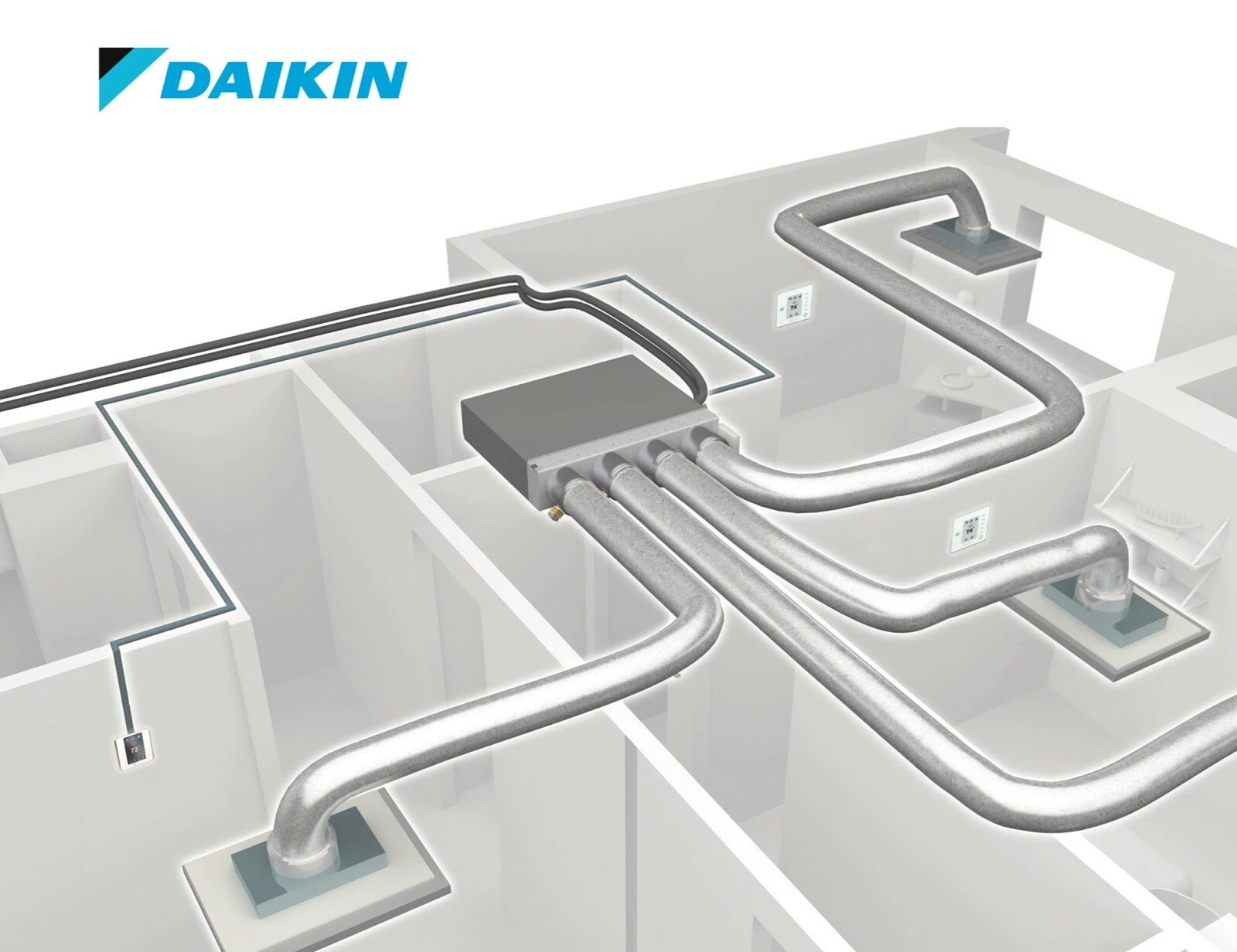 Architectural diagram showing a Daikin air distribution system with ducts running through a building's ceiling and walls, connecting to vents in rooms.