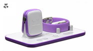 Product image showing a purple and white Vibratone device standing next to a purple strap with metallic components, all on a white rectangular base.