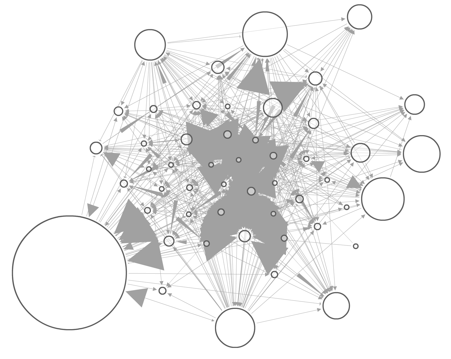 Network diagram showing interconnected nodes of varying sizes and shapes, with numerous arrows indicating directional relationships and data flow.