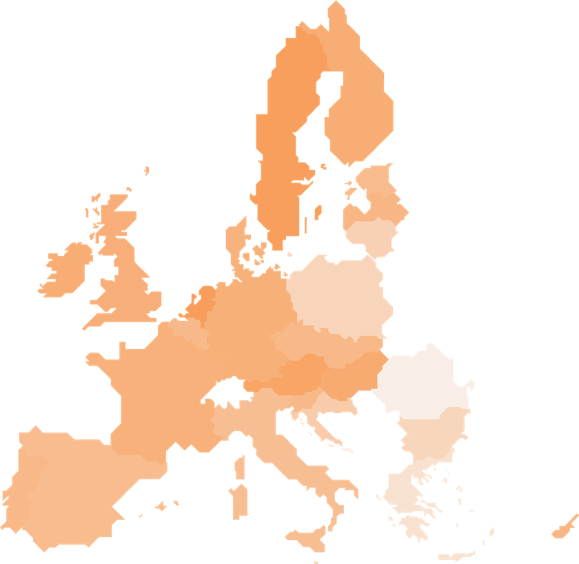 Map of European countries, including EU members, shaded in varying orange tones to represent different data values.