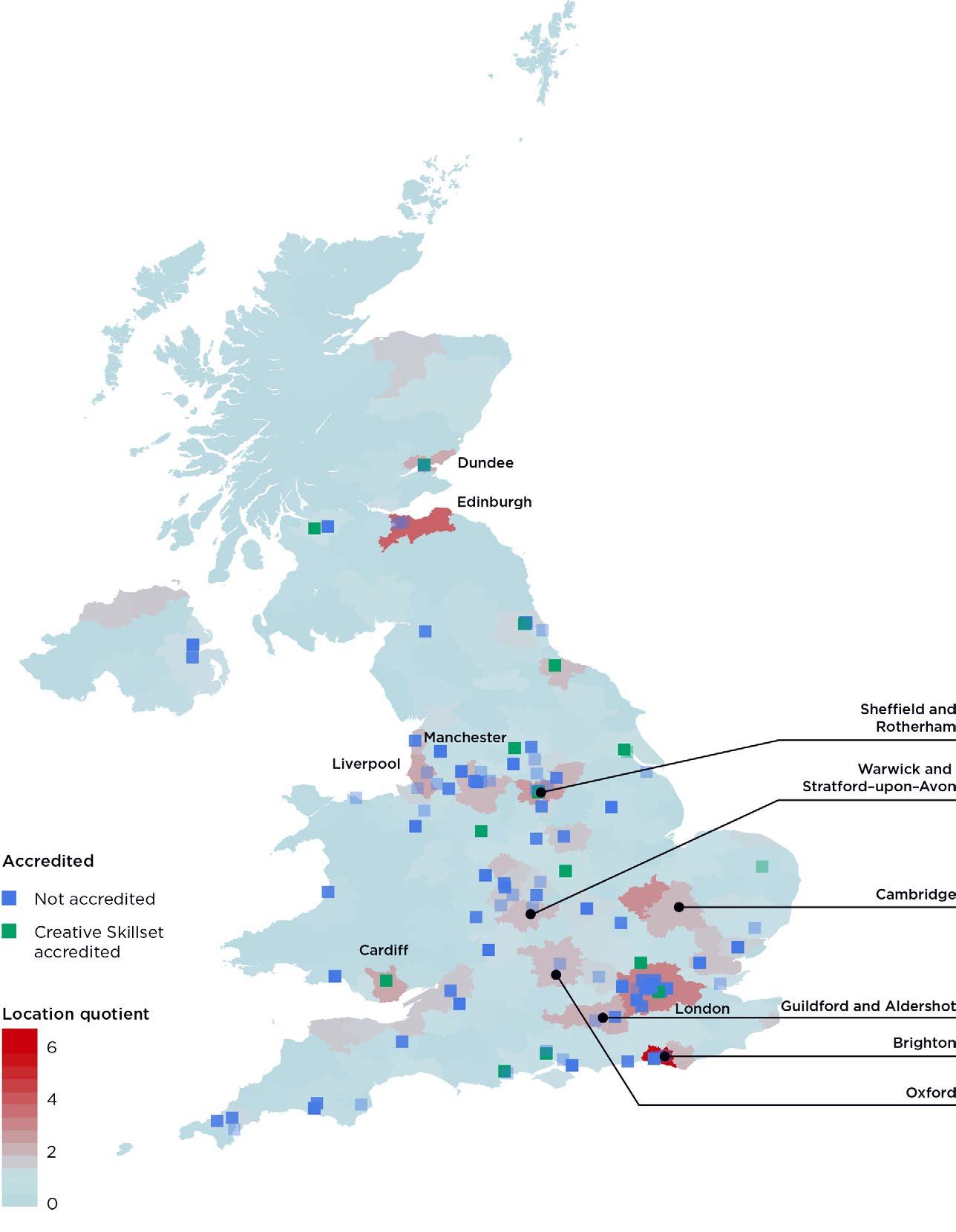 Map of the UK showing location quotient by region and indicating cities with 'Creative Skillset accredited' (green) or 'not accredited' (blue) status.