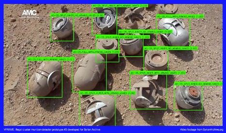 Image showing bomb remnants on the ground, with green bounding boxes and labels from an illegal cluster munition detector prototype.