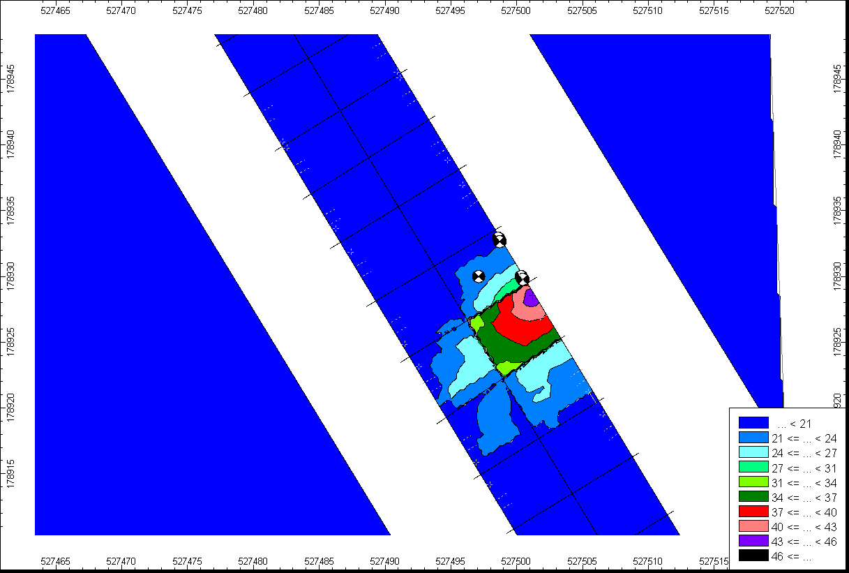 Contour map displaying a localized concentration of high data values in a specific region, defined by color ranges and coordinates.