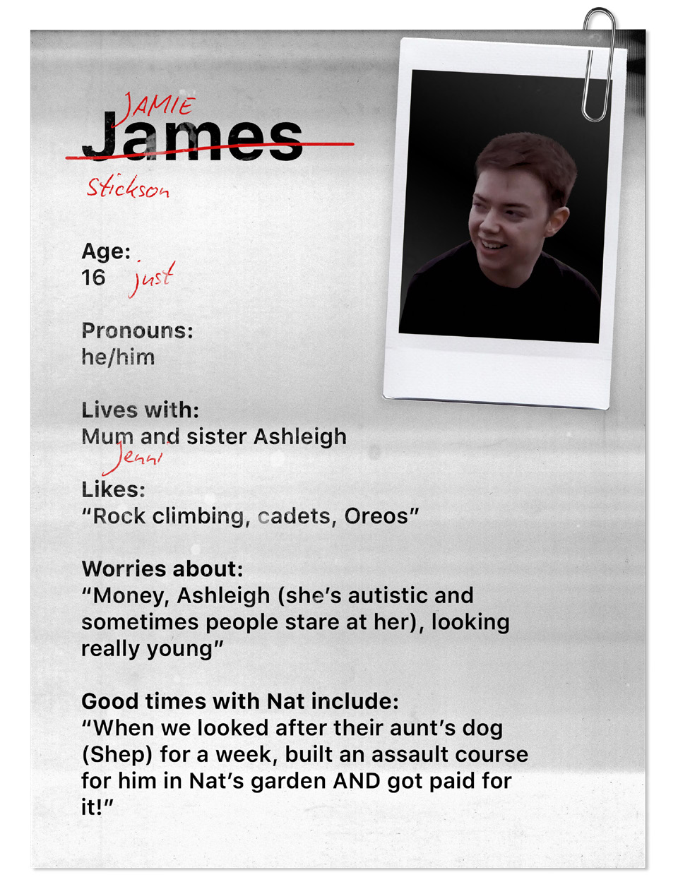 Profile card for James (Jamie) Stickson, 16, detailing his personal information, likes, worries, and a photo.