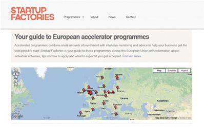 Screenshot of the Startup Factories website, showing a map of Europe with marked locations of accelerator programs.