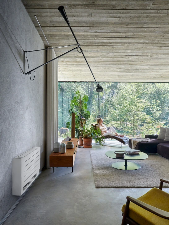Modern living room with a white wall-mounted HVAC unit, a woman relaxing on a lounge chair, and large windows looking out to a forest.