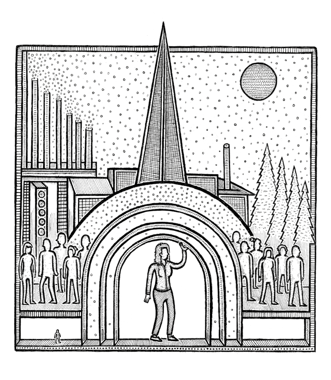 Detailed black and white illustration showing a central figure under an arch, surrounded by people, industrial buildings with smokestacks, trees, and a sun/moon, representing societal and environmental themes.